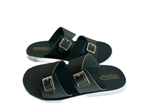 green Double Buckle Slide Sandals